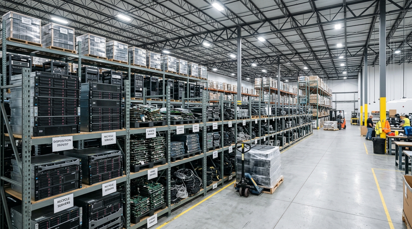 Decommissioned server racks & e-waste storage in warehouse