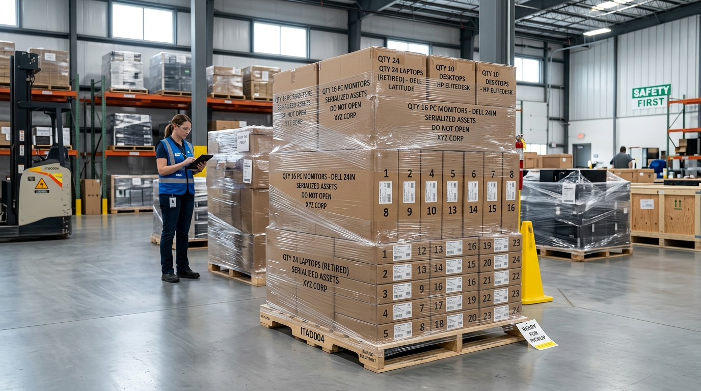 Pallets of retired company laptops and monitors