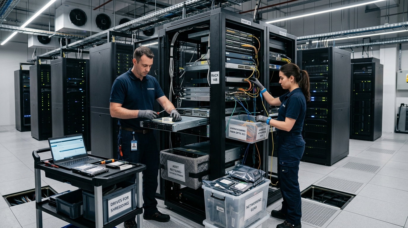 Technicians decommissioning IT hardware